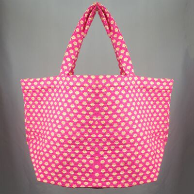 Große, gesteppte Einkaufs- und Strandtasche aus Baumwolle – rosa, klein geblümt