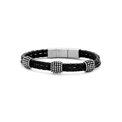 Black leather bracelet steel elements 21cm - 7FB-0385