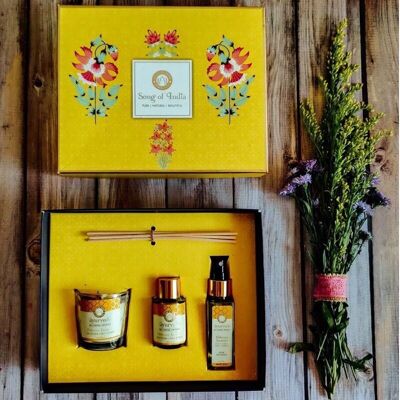 Song of India - Coffret cadeau Ayurveda avec bâtonnets parfumés, bougie parfumée et spray d'ambiance - Tubéreuse Jasmin