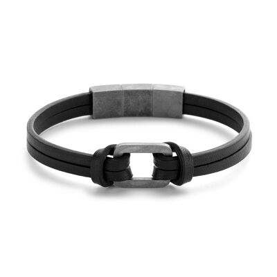 Bracelet en cuir noir avec élément en acier - 7FB-0439