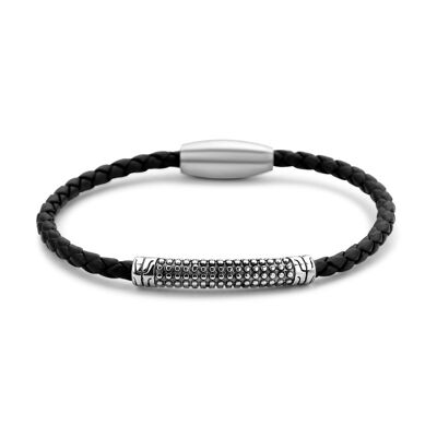 Black leather bracelet with steel element - 7FB-0441