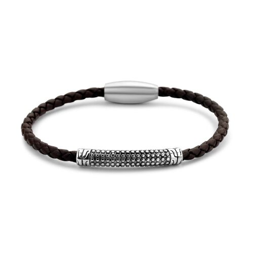 Brown leather bracelet with steel element - 7FB-0442