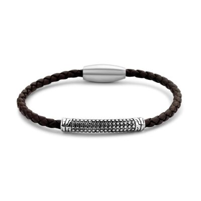 Bracelet en cuir marron avec élément en acier - 7FB-0442