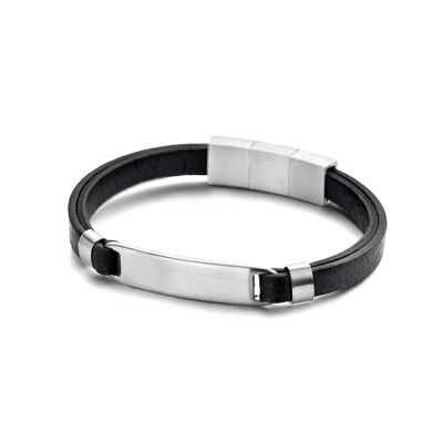 Bracelet en cuir noir avec élément en acier - 7FB-0443