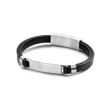 Bracelet en cuir noir avec élément en acier - 7FB-0443 1