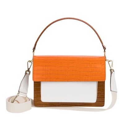 Chiara - Tan/White/Orange bag with long shoulder handle and shoulder strap