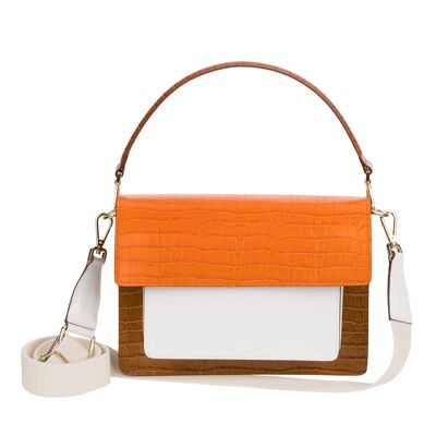 Chiara - Bolso tostado/blanco/naranja con asa larga y bandolera