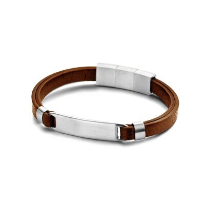 Bracelet en cuir marron avec élément en acier - 7FB-0444