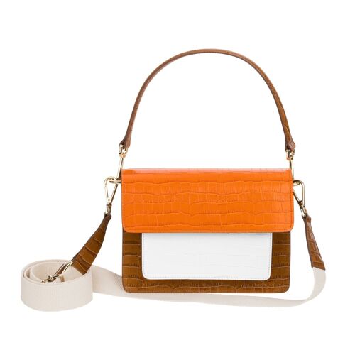 Cassandra - Borsa maniglia a spalla e tracolla in cocco Tan/Bianco/Arancio