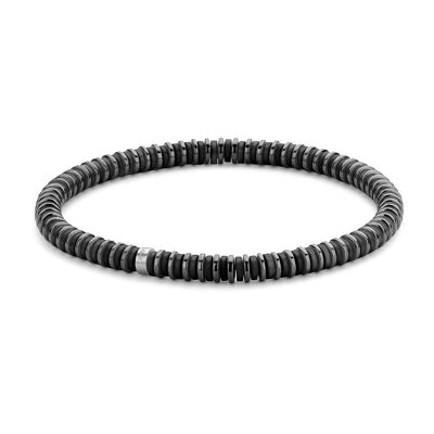 Bracelet extensible acier hématite et tranches de pierres noires - 7FB-0452