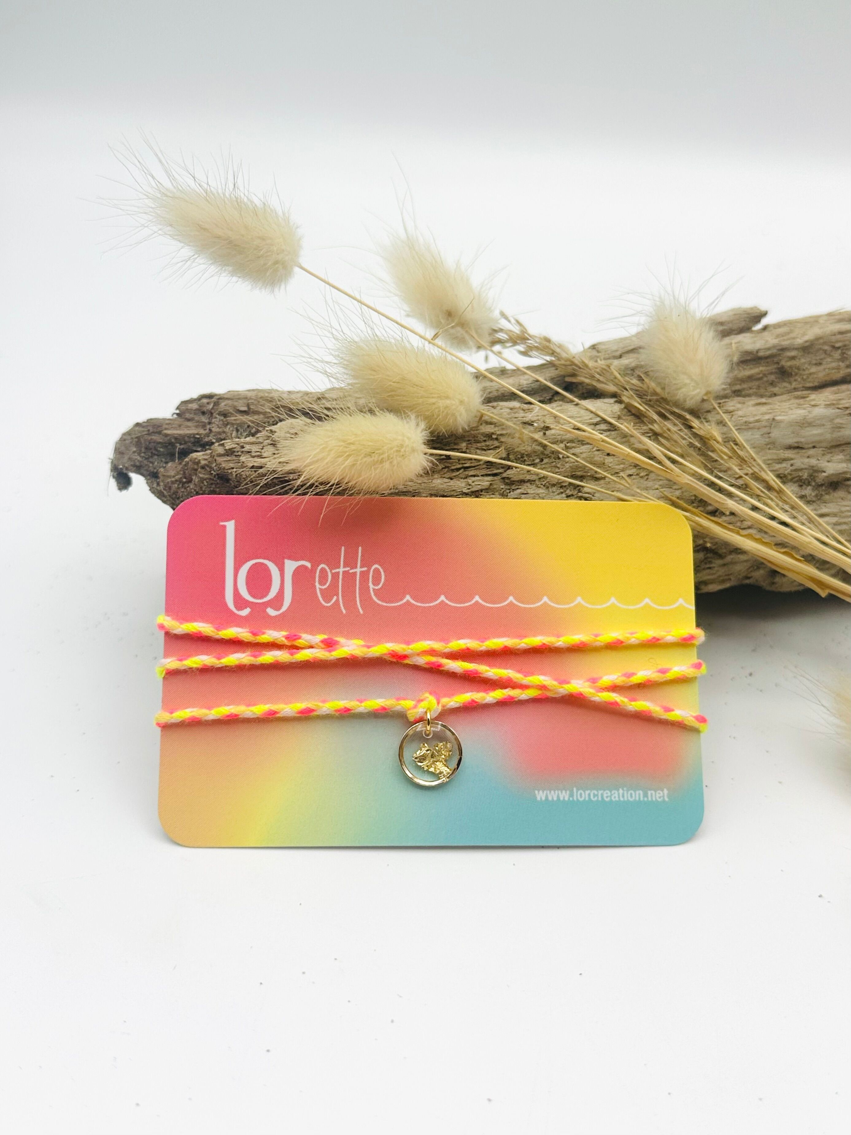 Bracciale collana - Foglia d'oro - Giallo neon e rosa