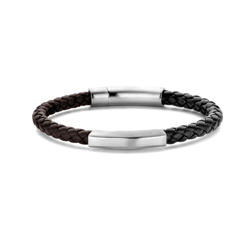 Bracelet woven leather dark brown and black brushed ips - 7FB-0483
