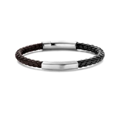 Bracelet woven leather dark brown and black brushed ips - 7FB-0483