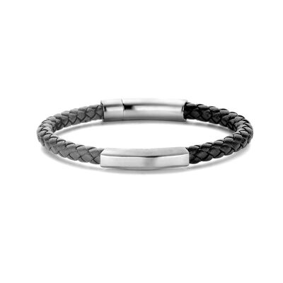 Bracelet cuir tressé gris et noir ips brossé - 7FB-0484
