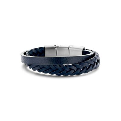 Bracelet double cuir bleu foncé ips brossé 21cm - 7FB-0506
