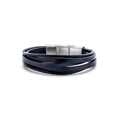 Bracelet multi lanière cuir bleu foncé ips brossé 21cm - 7FB-0511