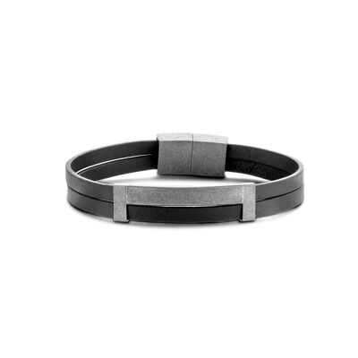 Steel bracelet black leather and antique ips 21cm- 7FB-0517