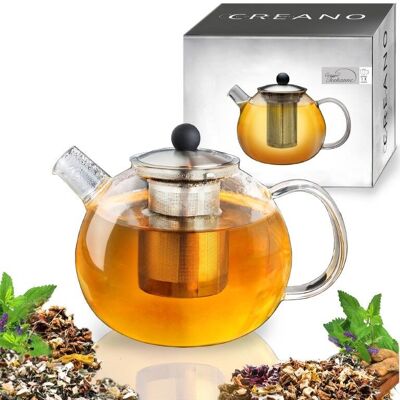 Creano teapot with glass strainer insert 1.6l - glass teapot with stainless steel strainer and lid - ideal for preparing loose teas - drip-free