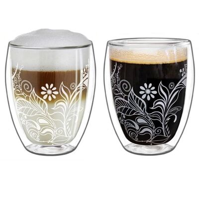 Creano double-walled glasses 250ml Flowery White - thermal glass with decor - double-walled glasses in a set of 2