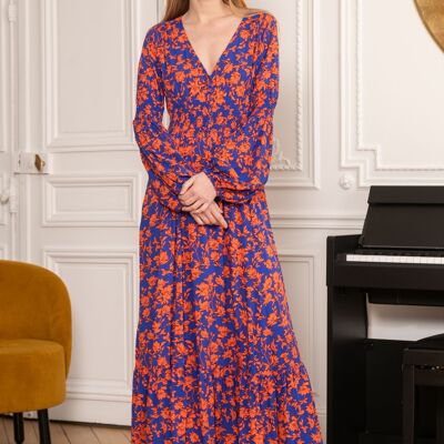 Long dress with V neckline print, buttoned in front, invisible pockets