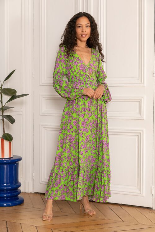 Robe longue à imprimé décolleté V  boutonnée devant , poches invisibles