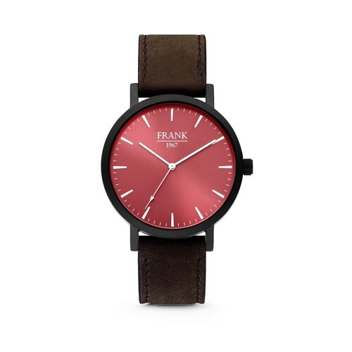 Dark Brown Leather Watch with Red Dial Ø42 mm - 7FW-0010