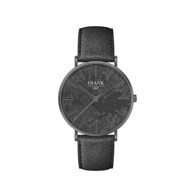 Schwarze Lederuhr mit grauem Zifferblatt Ø47 mm - 7FW-0020