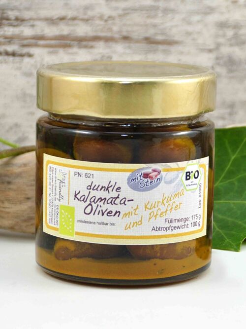 Schwarze Bio Oliven mit Stein mit Kurkuma und Pfeffer in Olivenöl - Griechenland Kalamata