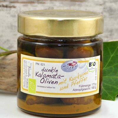 Aceitunas negras orgánicas con hueso con cúrcuma y pimienta en aceite de oliva - Grecia Kalamata