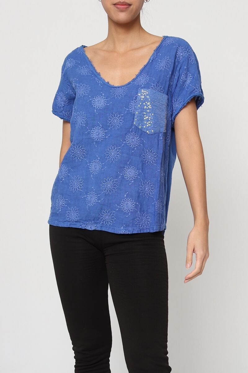 V-neck blouse with flower embroidery in Linen REF. 11763