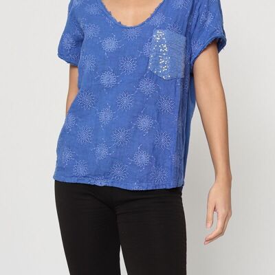 V-neck blouse with flower embroidery in Linen REF. 11763