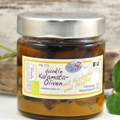 Black organic pitted olives with turmeric and pepper in olive oil - Greece Kalamata