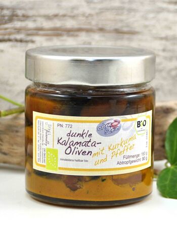 Olives noires bio dénoyautées au curcuma et poivre à l'huile d'olive - Grèce Kalamata 1