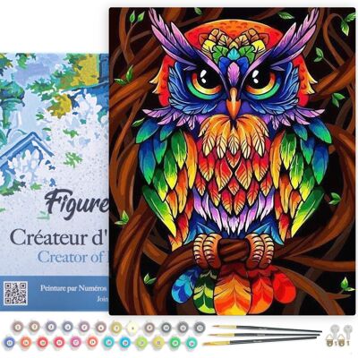 Paint by Number DIY Kit - Colorful Owl - stretched canvas on wooden frame