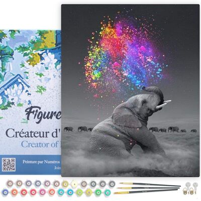 Paint by Number DIY Kit - Elephant and explosion of Colors - canvas stretched on wooden frame