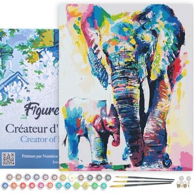 Peinture par Numéro Kit DIY - Eléphants Aquarelle - toile tendue sur châssis en bois