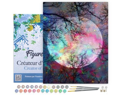 Peinture par Numéro Kit DIY - Pleine Lune aux reflets multicolores - toile tendue sur châssis en bois