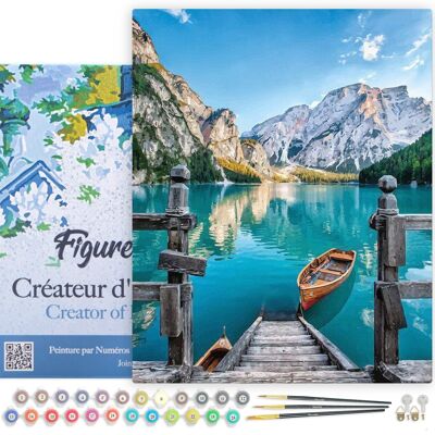 Kit de bricolaje para pintar por números - Barco en un lago de montaña - lienzo tensado sobre marco de madera