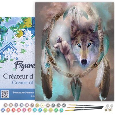 Paint by Number DIY Kit - Wolves and Feathers - canvas stretched on wooden frame