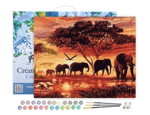 Peinture par Numéro Kit DIY - Eléphants au Coucher du soleil - toile tendue sur châssis en bois