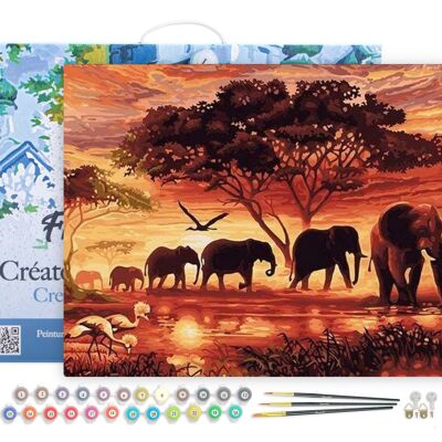 Peinture par Numéro Kit DIY - Eléphants au Coucher du soleil - toile tendue sur châssis en bois