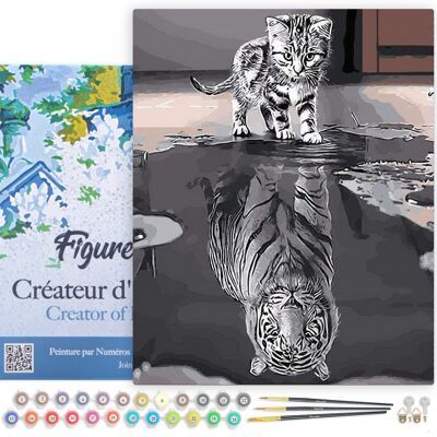 Kit de bricolaje de pintura por número - Gatito Reflejo Tigre - lienzo estirado sobre marco de madera