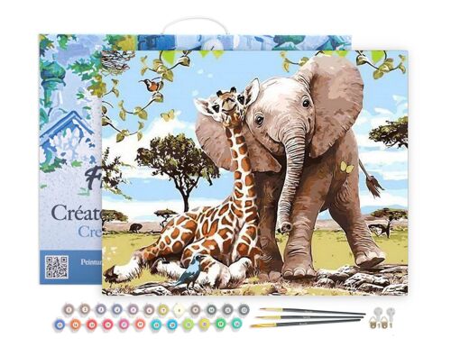 Peinture au Numéro Kit DIY - Amis Eléphant & Girafe - toile tendue sur châssis en bois