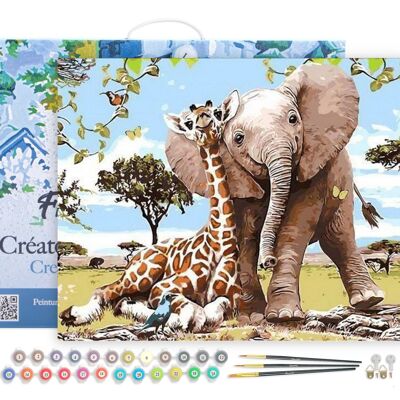 Malen-nach-Zahlen-DIY-Set – Elefanten- und Giraffenfreunde – gespannte Leinwand auf Holzrahmen