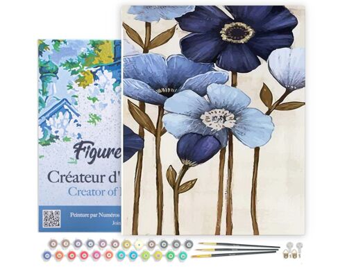 Peinture par Numéro Kit DIY - Fleurs bleues - toile tendue sur châssis en bois