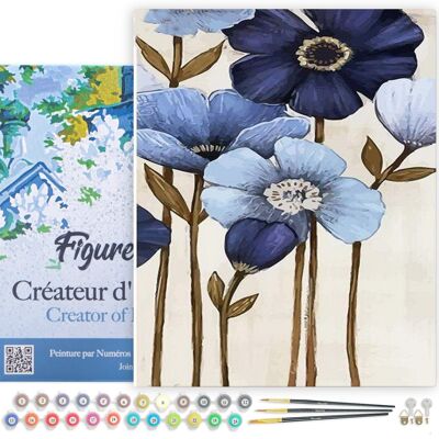 Paint by Number DIY Kit - Blue Flowers - stretched canvas on wooden frame
