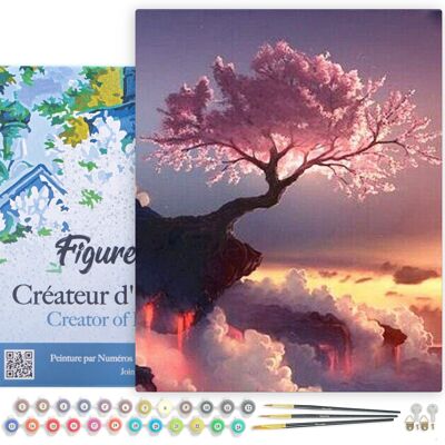 Kit de bricolaje Paint by Number - Árbol rosa y nubes - lienzo estirado sobre marco de madera