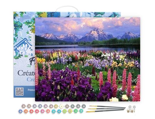 Peinture par Numéro Kit DIY - Fleurs et Lac au pied de la Montagne - toile tendue sur châssis en bois