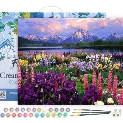 Kit de bricolaje para pintar por números - Flores y lago al pie de la montaña - lienzo tensado sobre marco de madera