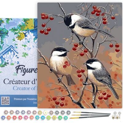 Kit de bricolaje Paint by Number - Pájaros y árboles frutales - lienzo estirado sobre marco de madera
